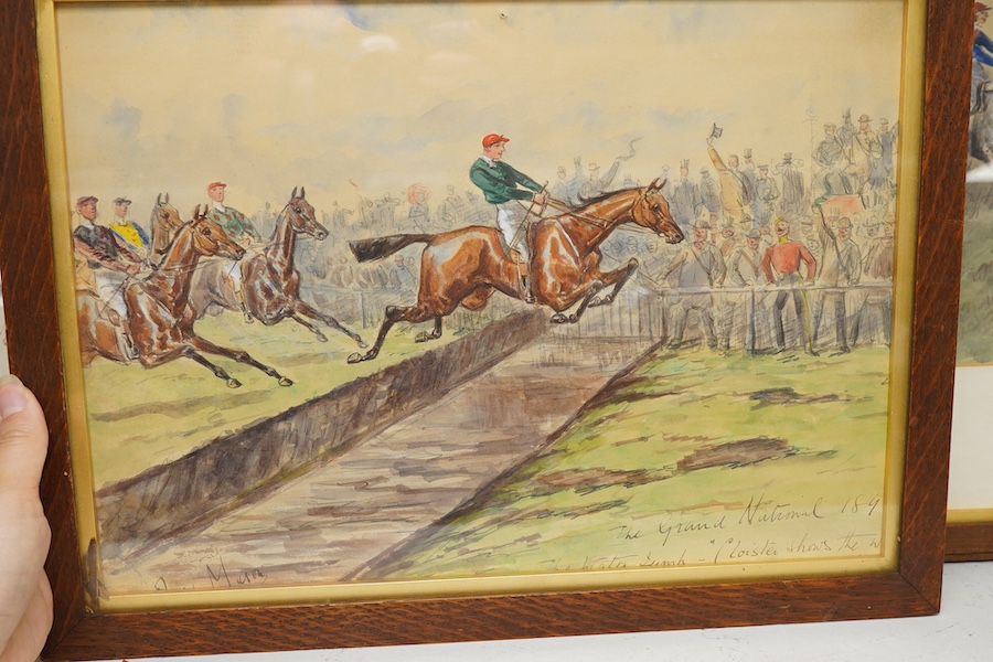 George Finch Mason (1850-1915), Three horse racing interest scenes, to include 'The Grand National 189?' and 'The grey mare's the better horse', each signed, three watercolours heightened with white, largest 24 x 32cm